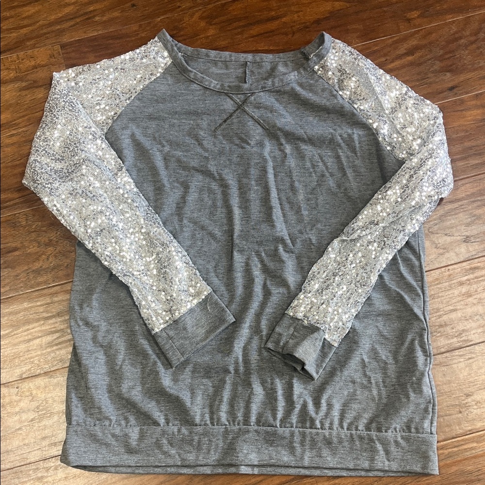 Gray Top with Silver Sequin Sleeves
